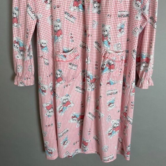 Nightgown Bears Gingham Pink White Twee Pockets Long Sleeves Women Sleep PJs - Picture 5 of 12